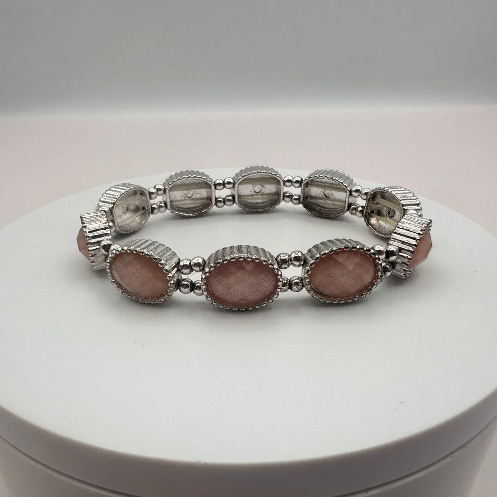 Vintage 90s Y2K Pink Faux Sunstone Stretch Bracelet Silver Tone Jewelry